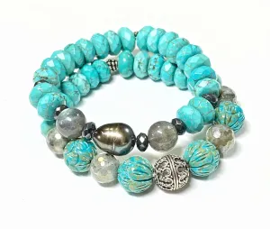Stretch Bracelet Set of 2 Turquoise Labradorite Pearl Sterling Silver