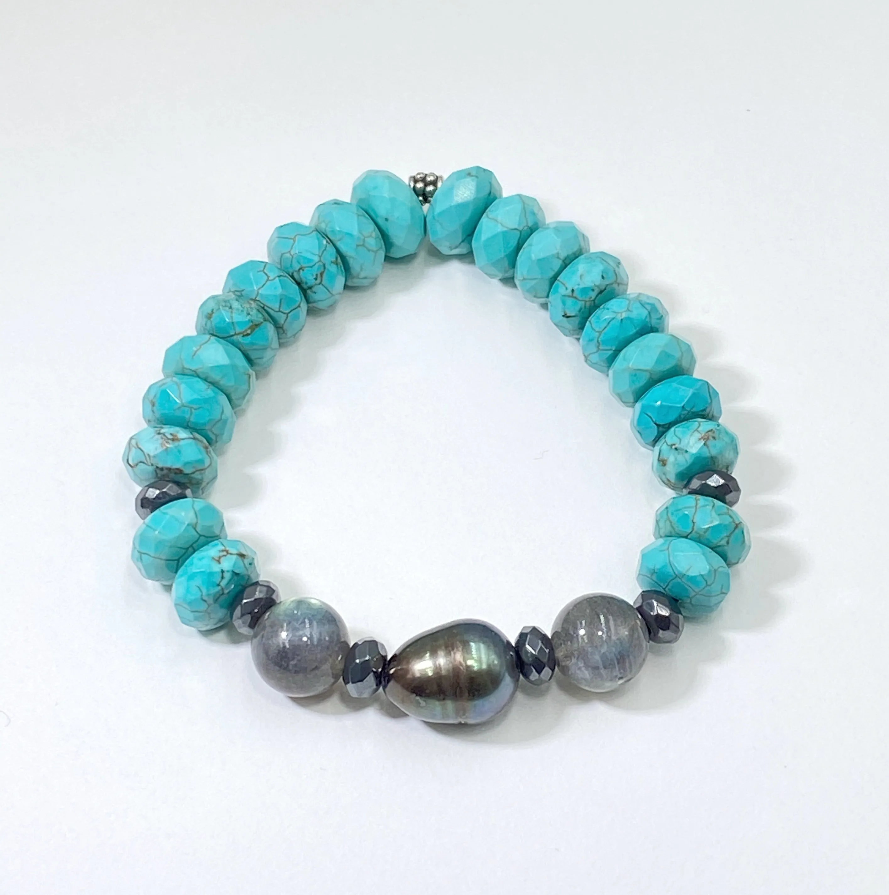 Stretch Bracelet Set of 2 Turquoise Labradorite Pearl Sterling Silver