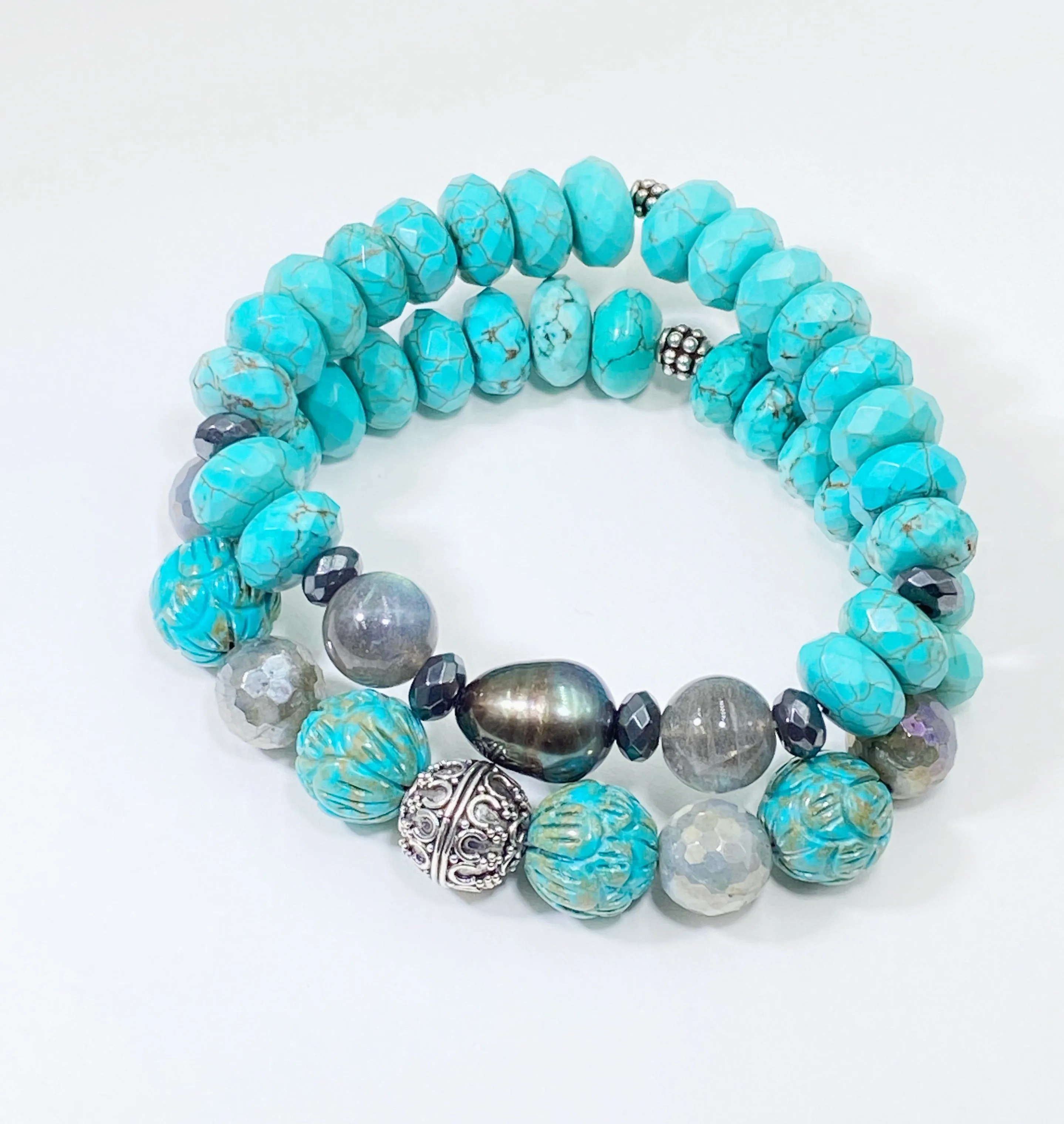Stretch Bracelet Set of 2 Turquoise Labradorite Pearl Sterling Silver