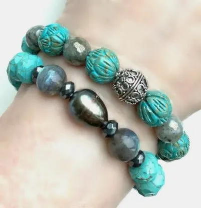 Stretch Bracelet Set of 2 Turquoise Labradorite Pearl Sterling Silver