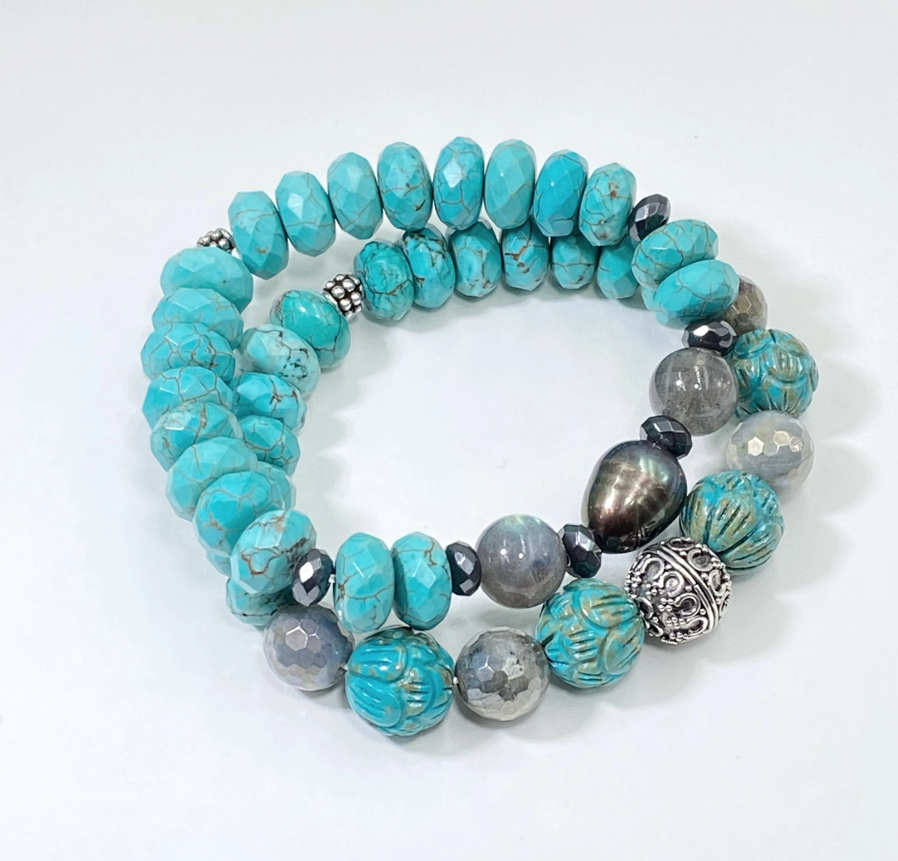 Stretch Bracelet Set of 2 Turquoise Labradorite Pearl Sterling Silver