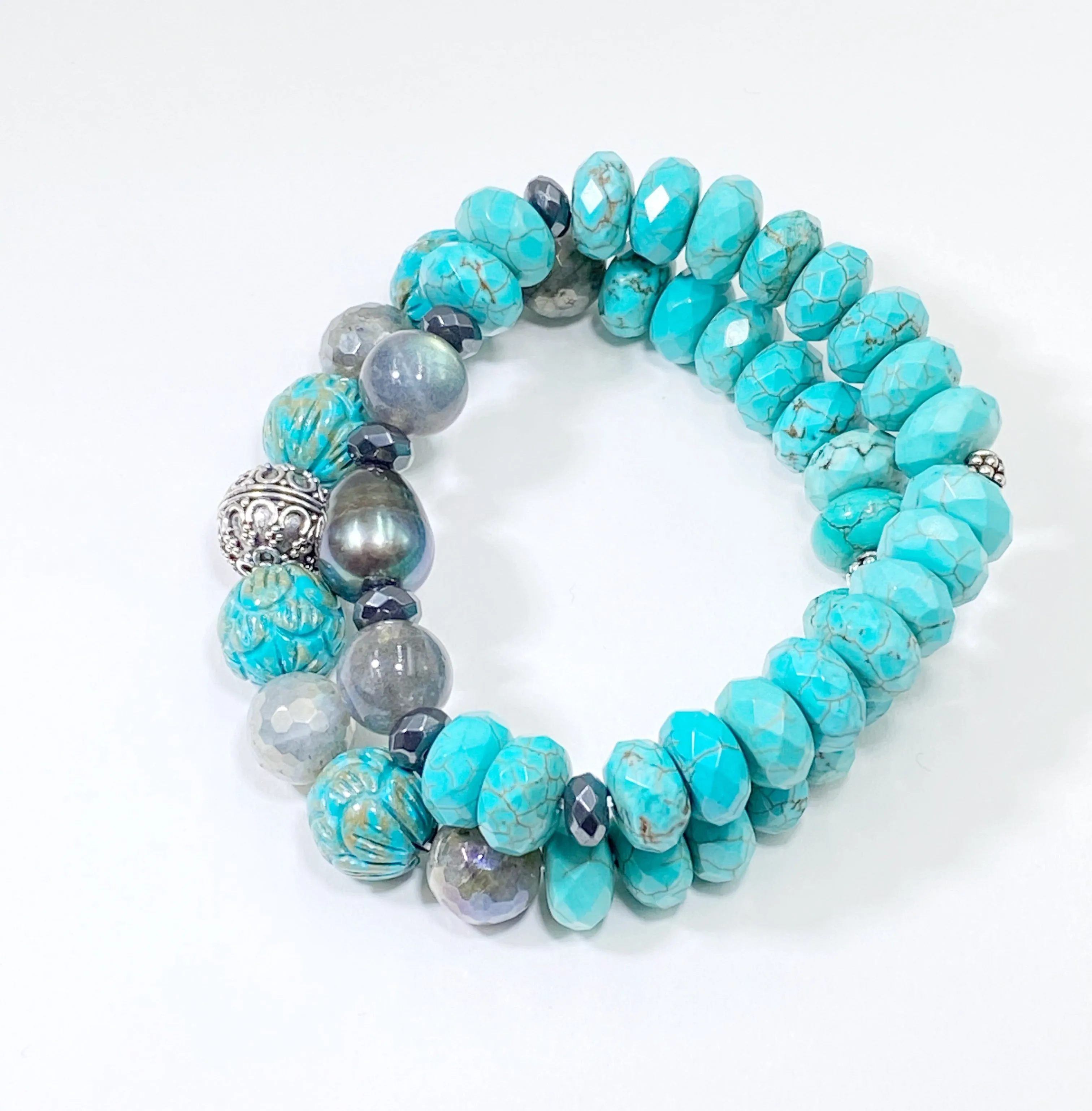 Stretch Bracelet Set of 2 Turquoise Labradorite Pearl Sterling Silver
