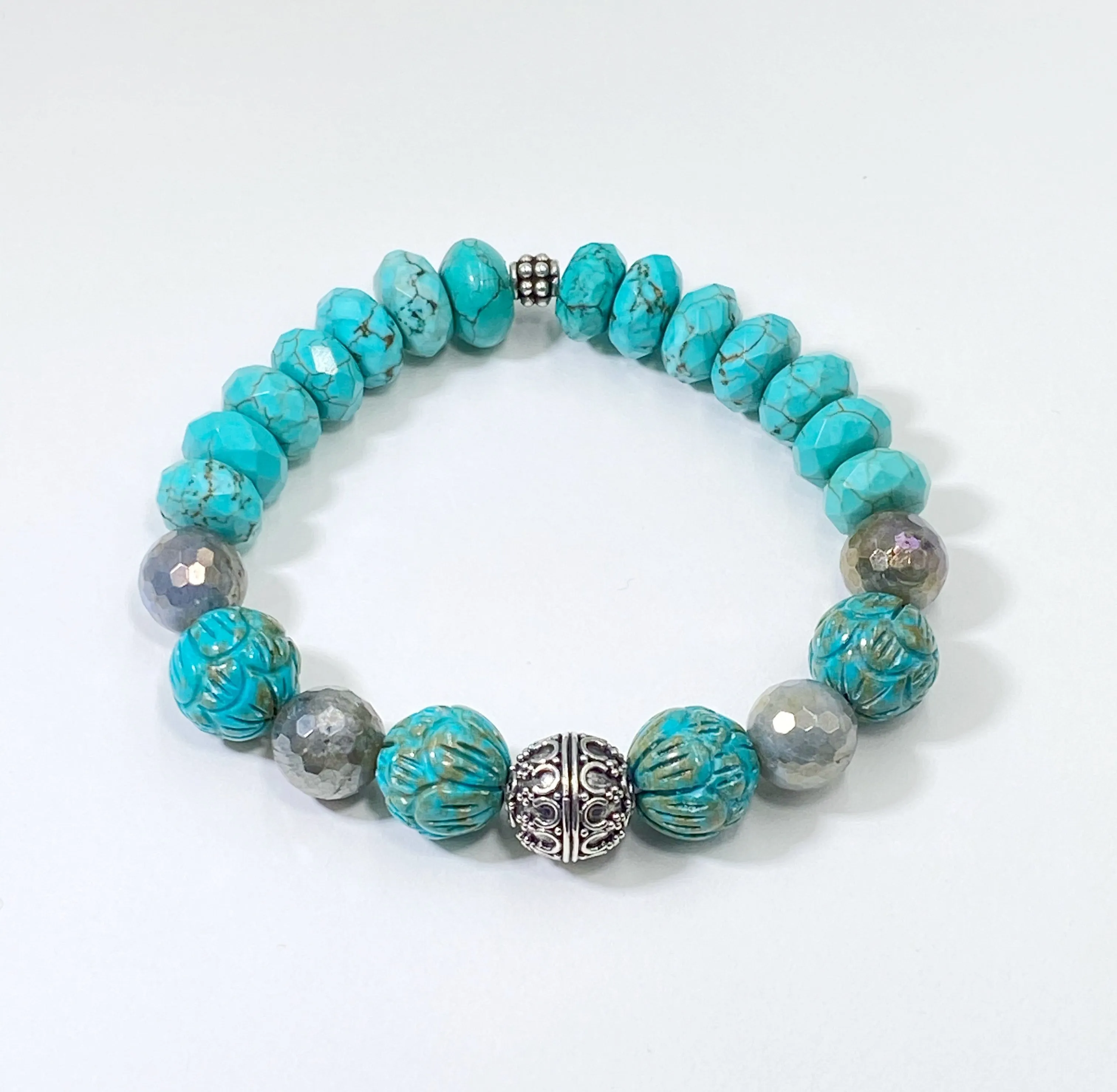 Stretch Bracelet Set of 2 Turquoise Labradorite Pearl Sterling Silver