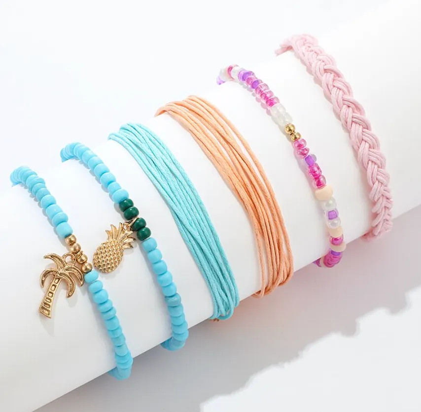Summer Bracelet 6 Piece Set Rainbow Pineapple Palm Tree
