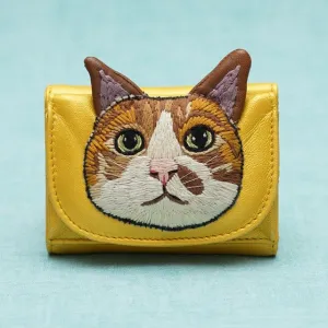TAMAO WORLD Sheep Leather Embroidery Cat Mini Wallet Camel Cat Gold