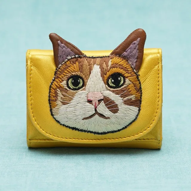 TAMAO WORLD Sheep Leather Embroidery Cat Mini Wallet Camel Cat Gold