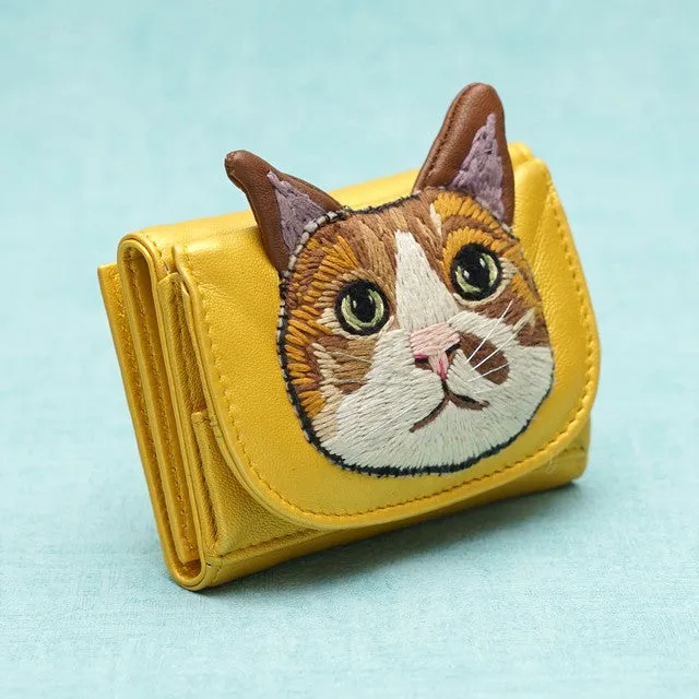 TAMAO WORLD Sheep Leather Embroidery Cat Mini Wallet Camel Cat Gold