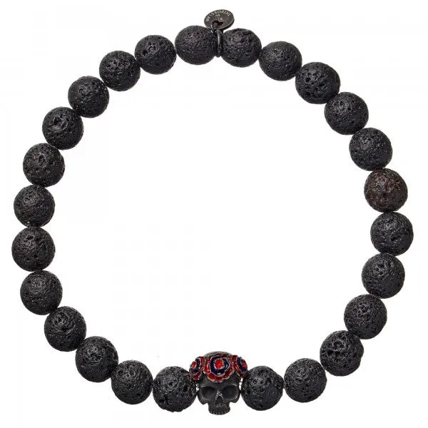 Tateossian Grateful Dead Skull Lava Rock Bracelet with Black Lava Beads