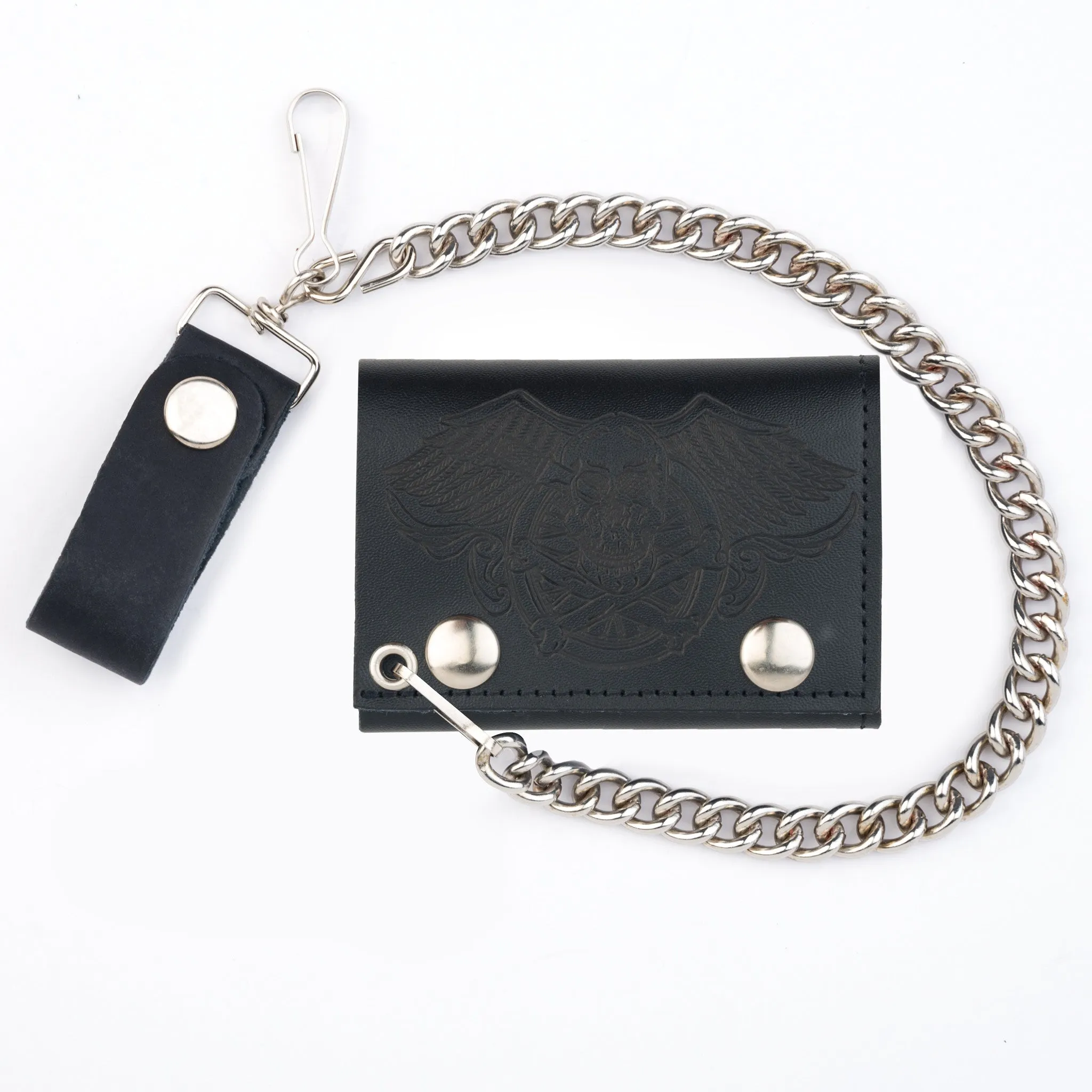 TC304-53B  Tri-Fold Wallet w/ Chain- Skull w/ Wings