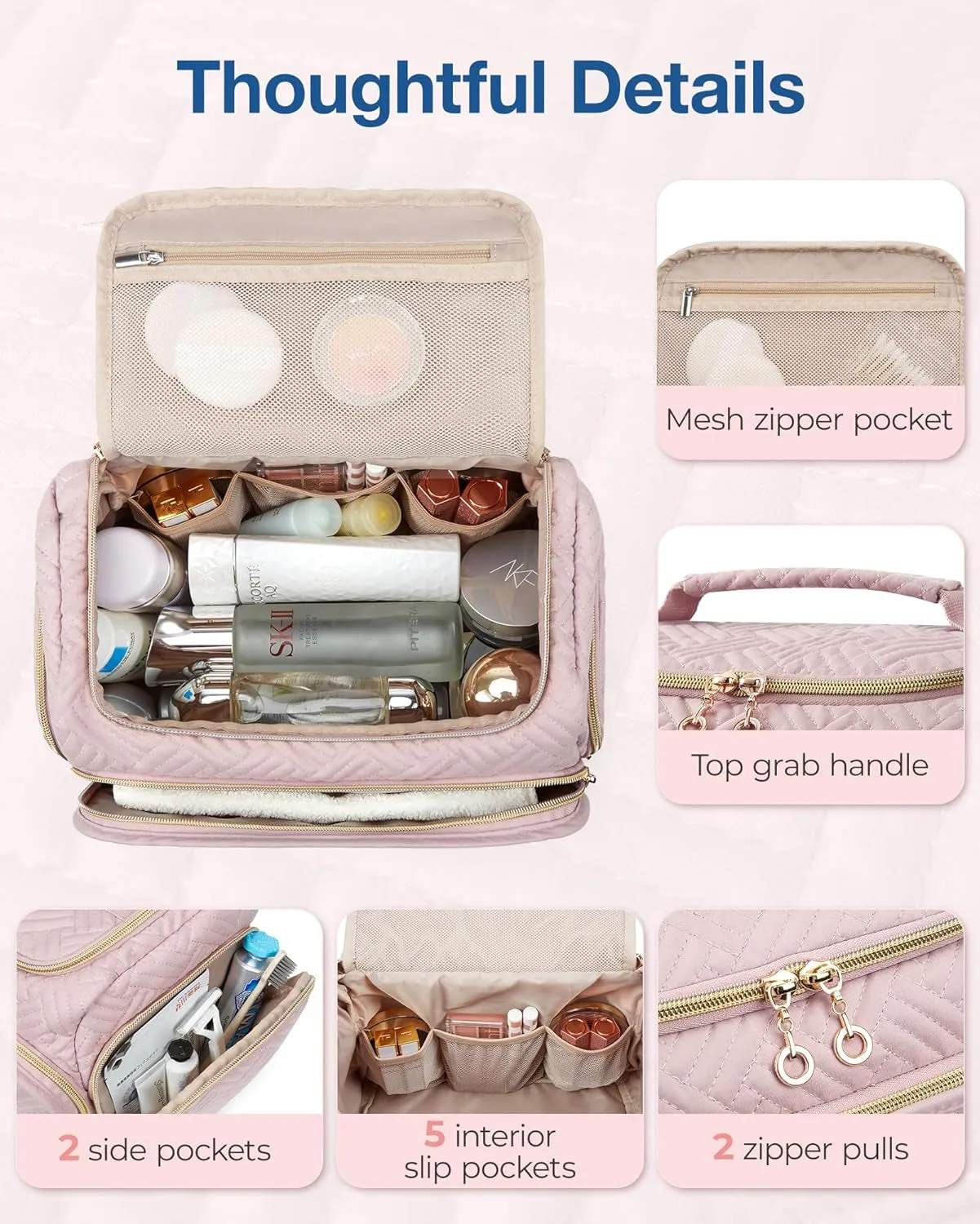 Travel Toiletry Bag for Women, Wide-open Makeup Bag with Handle