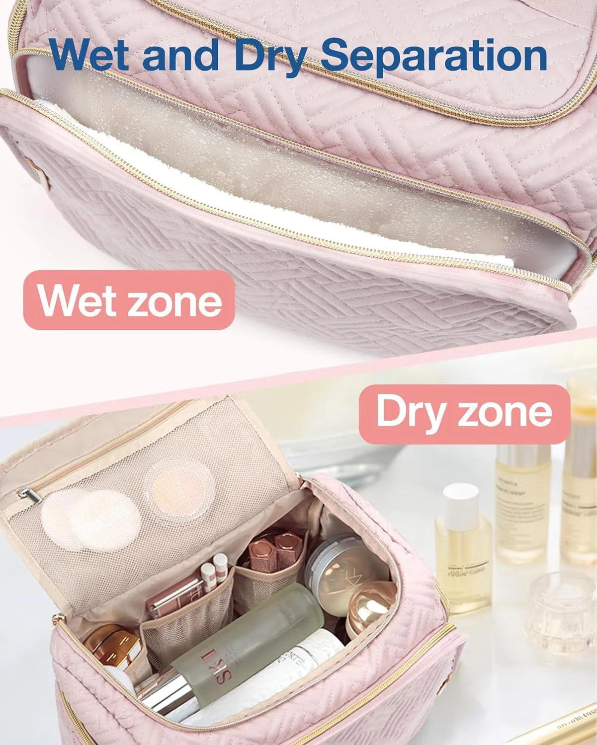 Travel Toiletry Bag for Women, Wide-open Makeup Bag with Handle