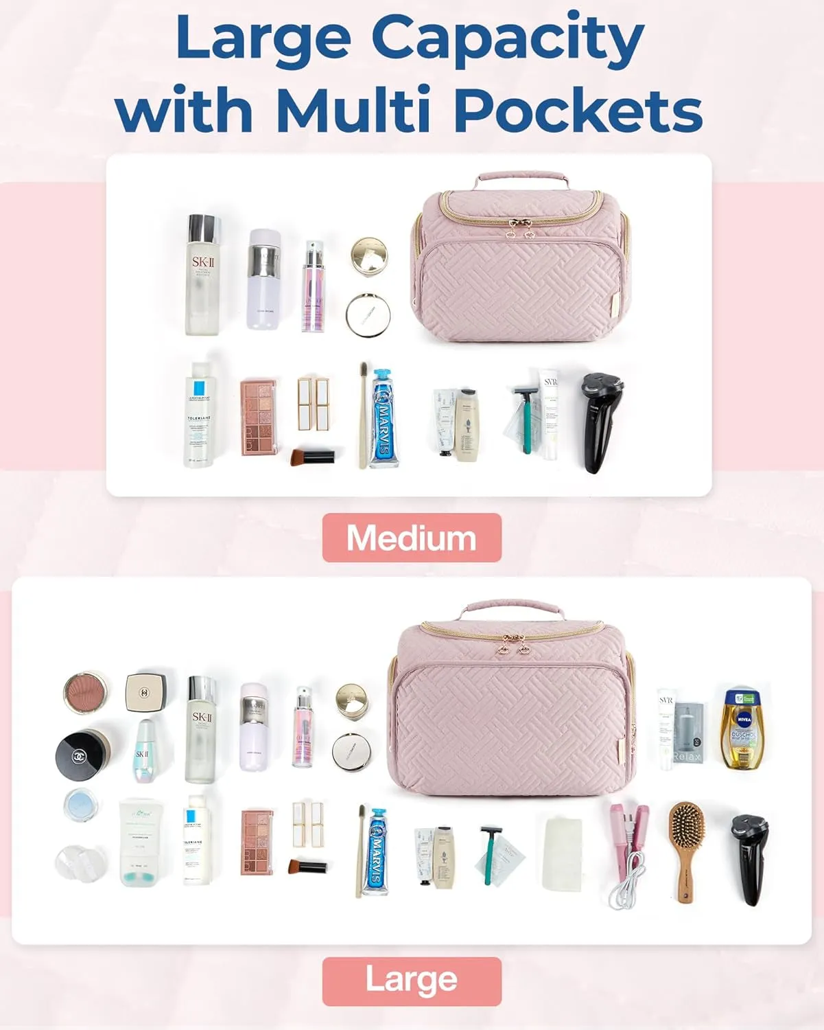 Travel Toiletry Bag for Women, Wide-open Makeup Bag with Handle