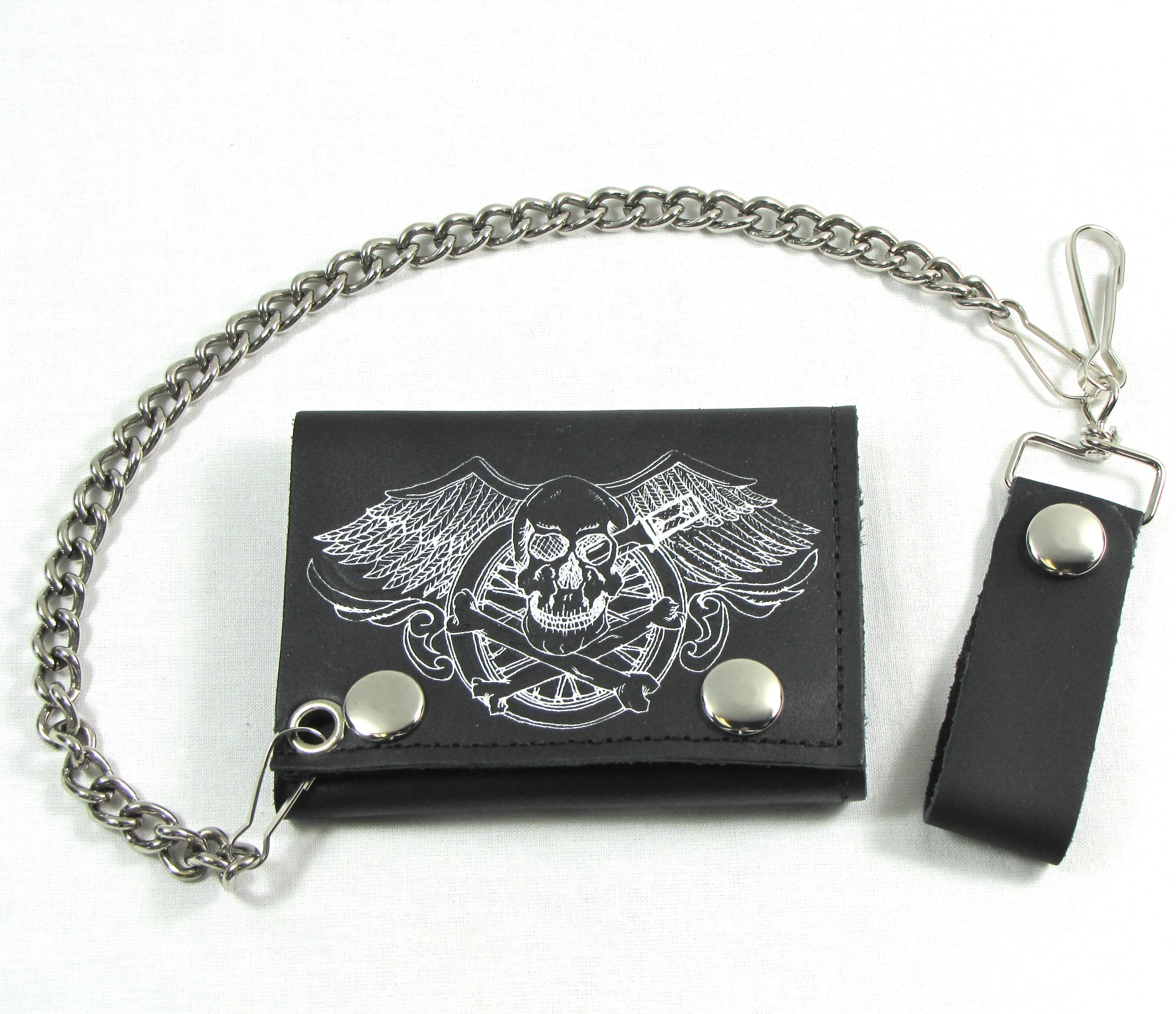 Tri-Fold Wallet w/Chain- Motorcycle Skull & Crossbones