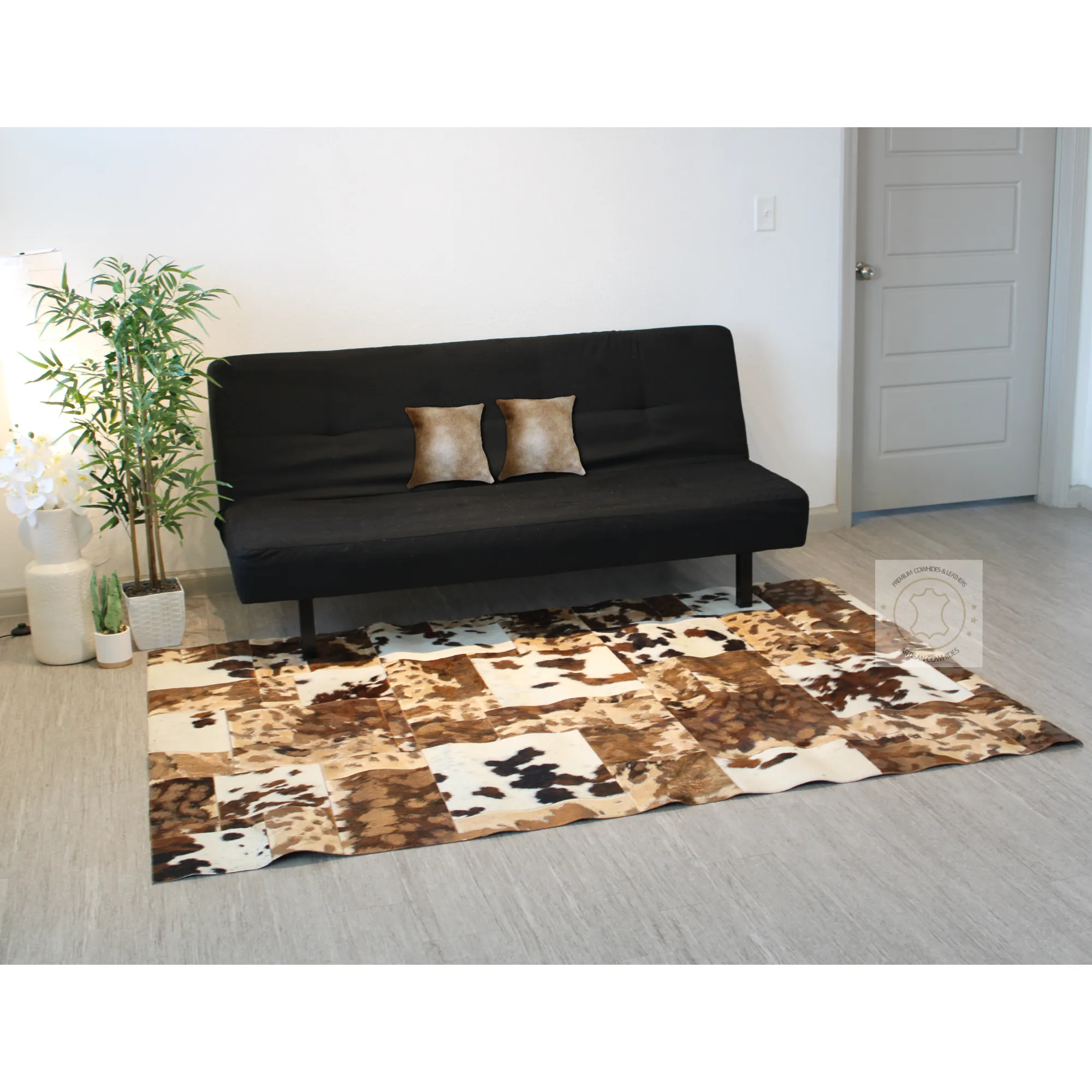 Tricolor Patchwork Cowhide Rug – 7.10ft x 5.10 ft Premium Cowhide Rug