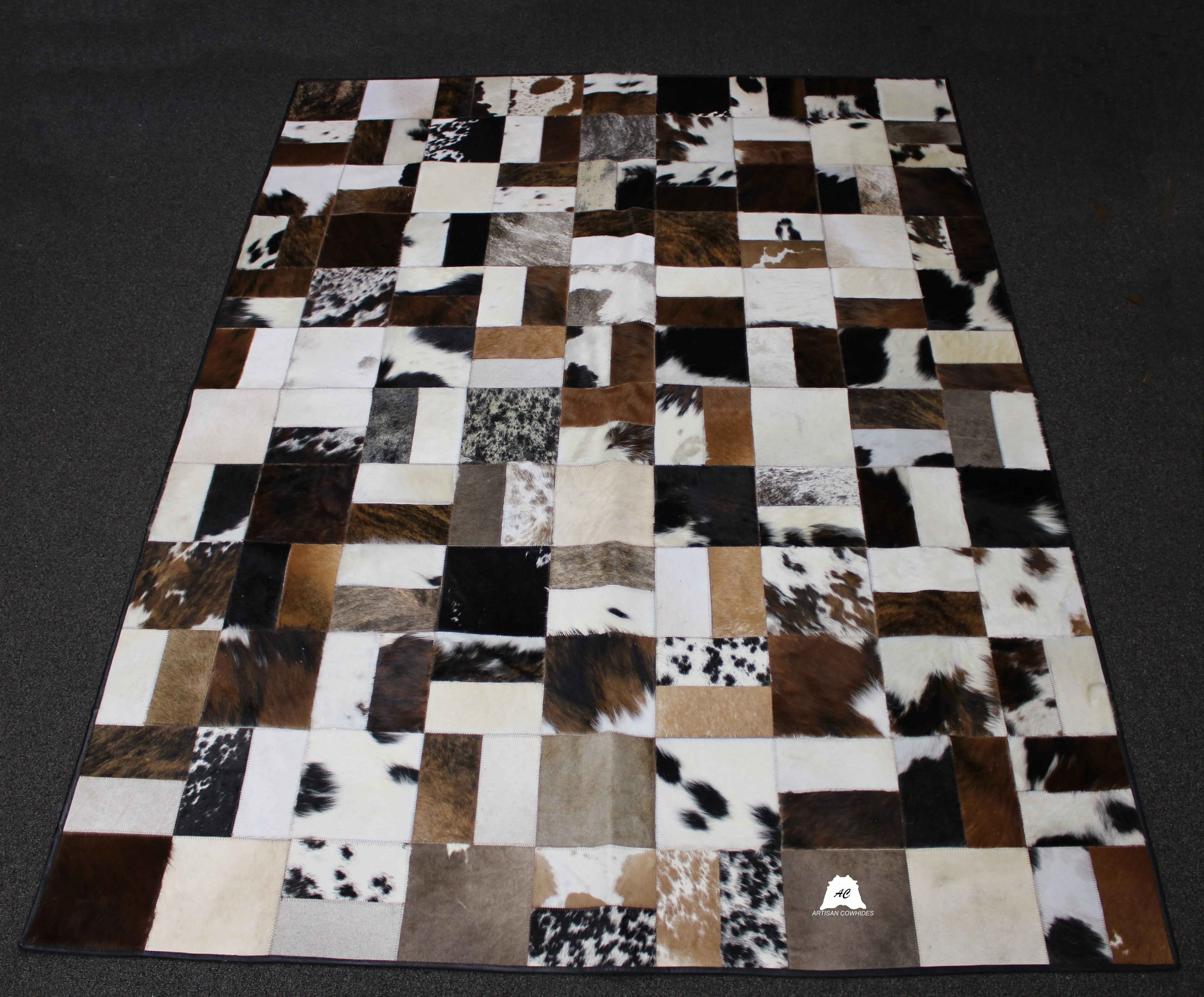 Tricolor Patchwork Cowhide Rug – 7.10ft x 5.10 ft Premium Cowhide Rug