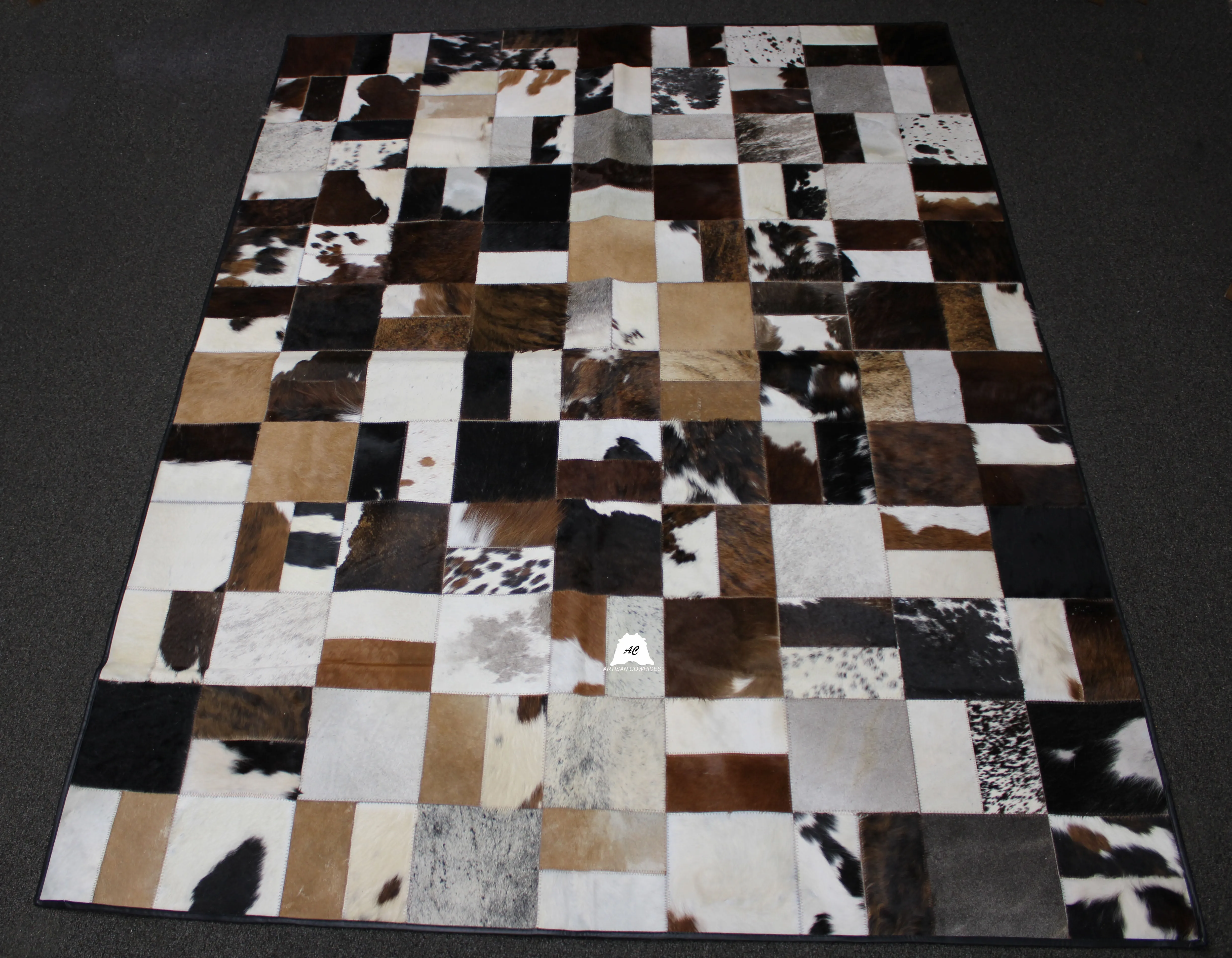 Tricolor Patchwork Cowhide Rug – 7.10ft x 5.10ft   Premium Cowhide Rug