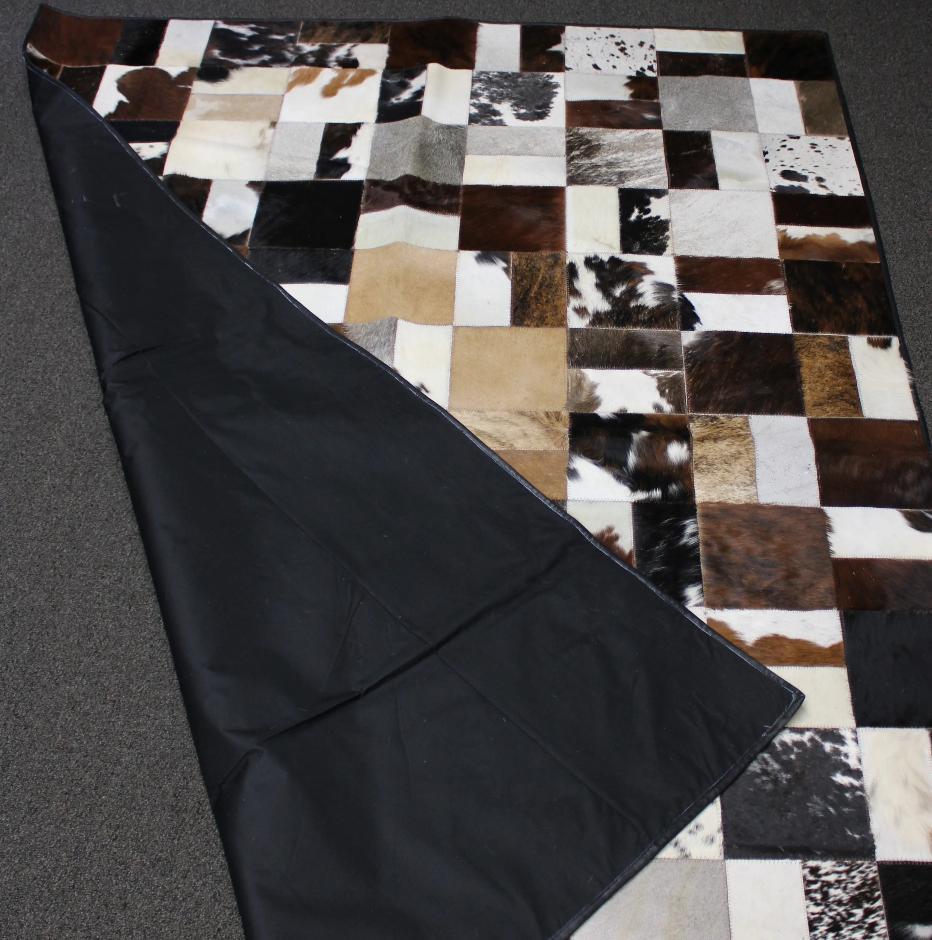 Tricolor Patchwork Cowhide Rug – 7.10ft x 5.10ft   Premium Cowhide Rug