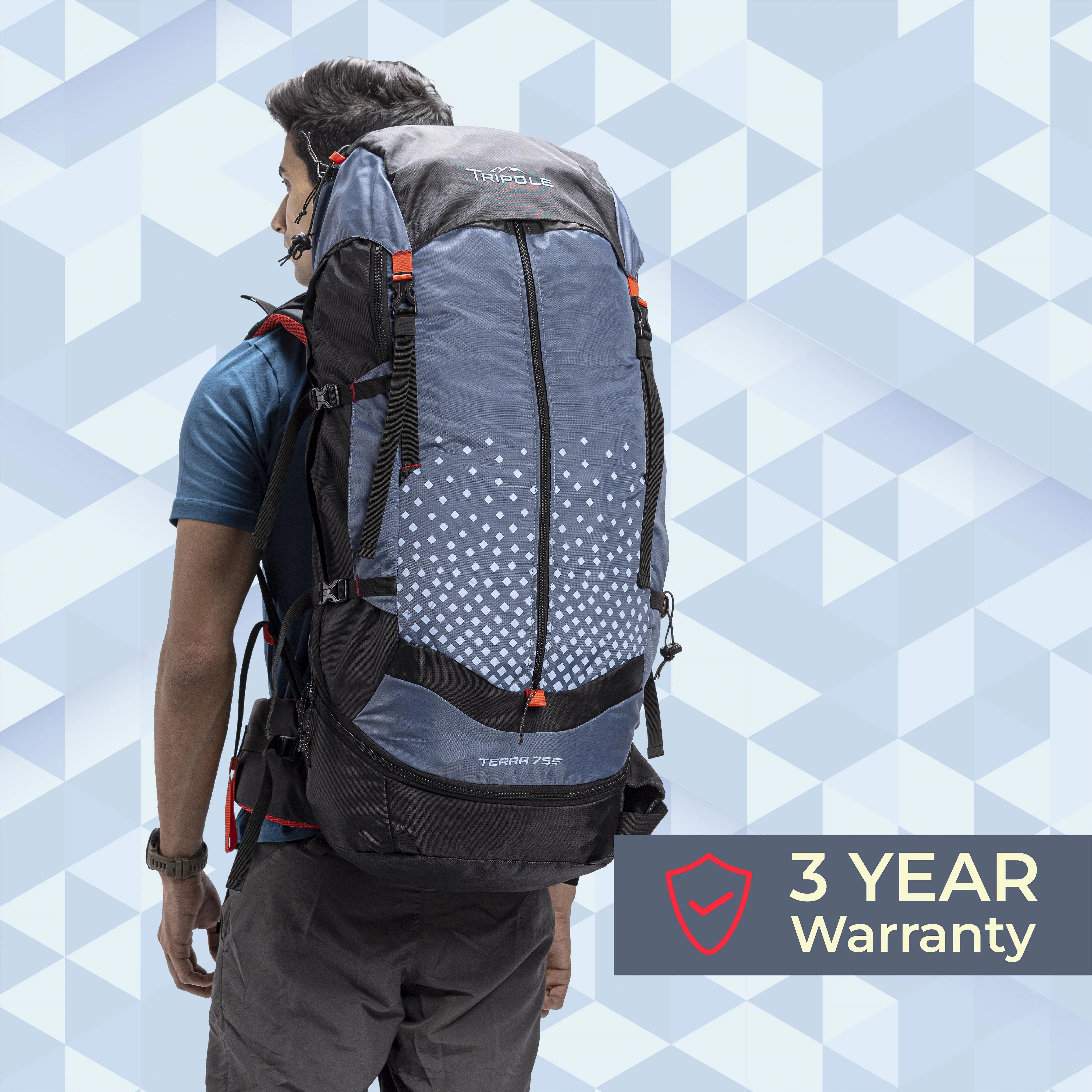 Tripole Terra Backpacking and Trekking Rucksack with Front Opening, Rain Cover and Metal Frame | 3 Year Warranty | 75 Litres