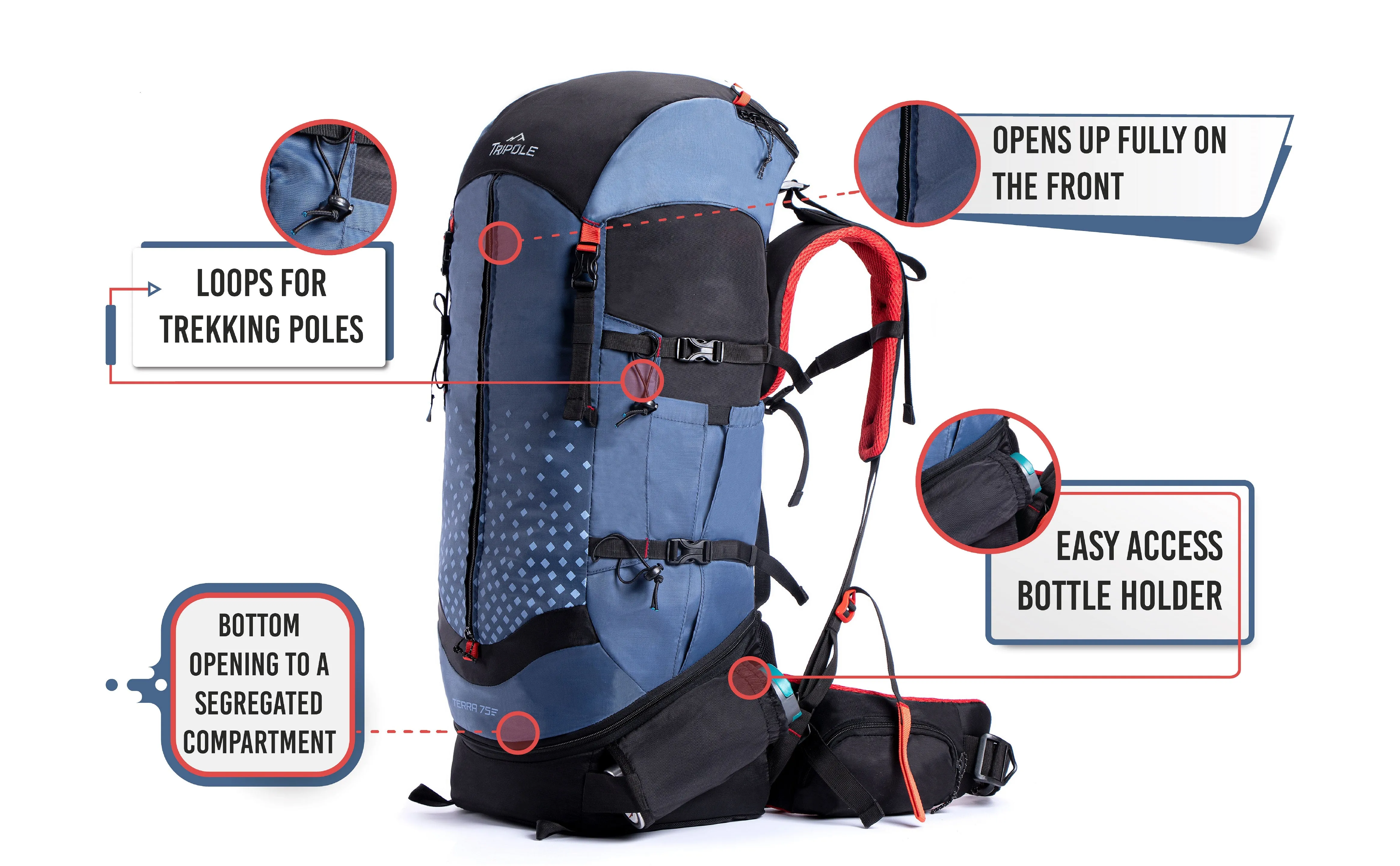 Tripole Terra Backpacking and Trekking Rucksack with Front Opening, Rain Cover and Metal Frame | 3 Year Warranty | 75 Litres