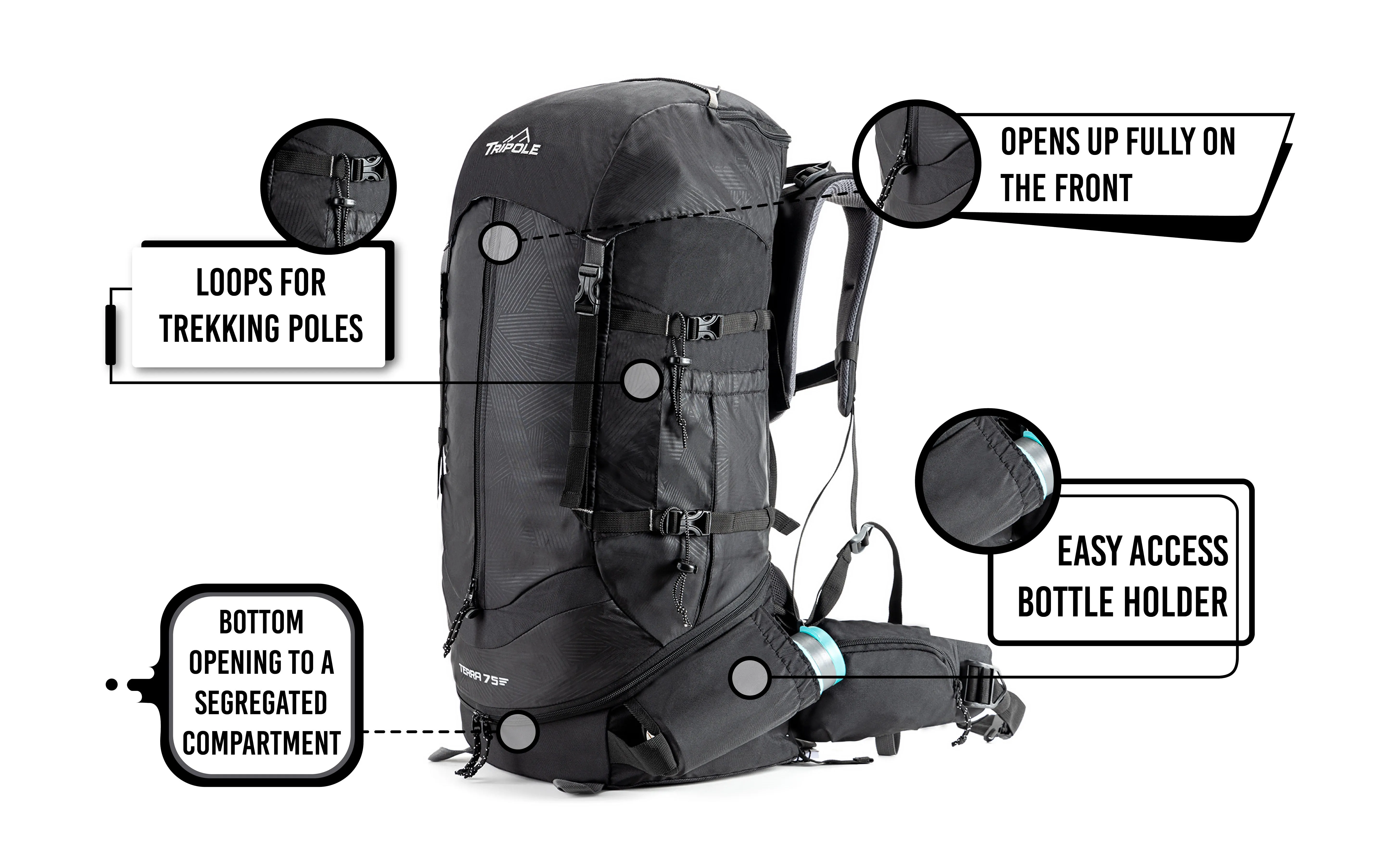 Tripole Terra Backpacking and Trekking Rucksack with Front Opening, Rain Cover and Metal Frame | 3 Year Warranty | 75 Litres