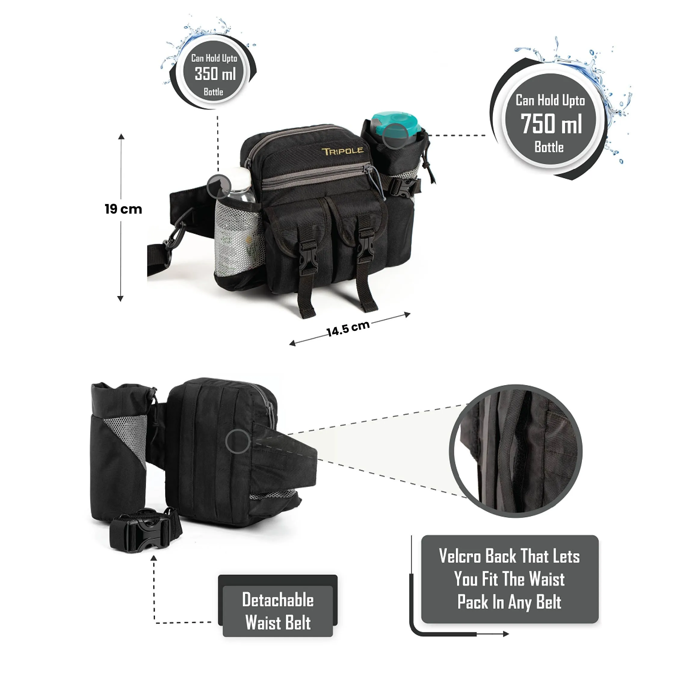Tripole Waist Pack with Detachable Bottle Holder - Multi-Utility Waist and Sling Bag for Hiking, Cycling, and Backpacking