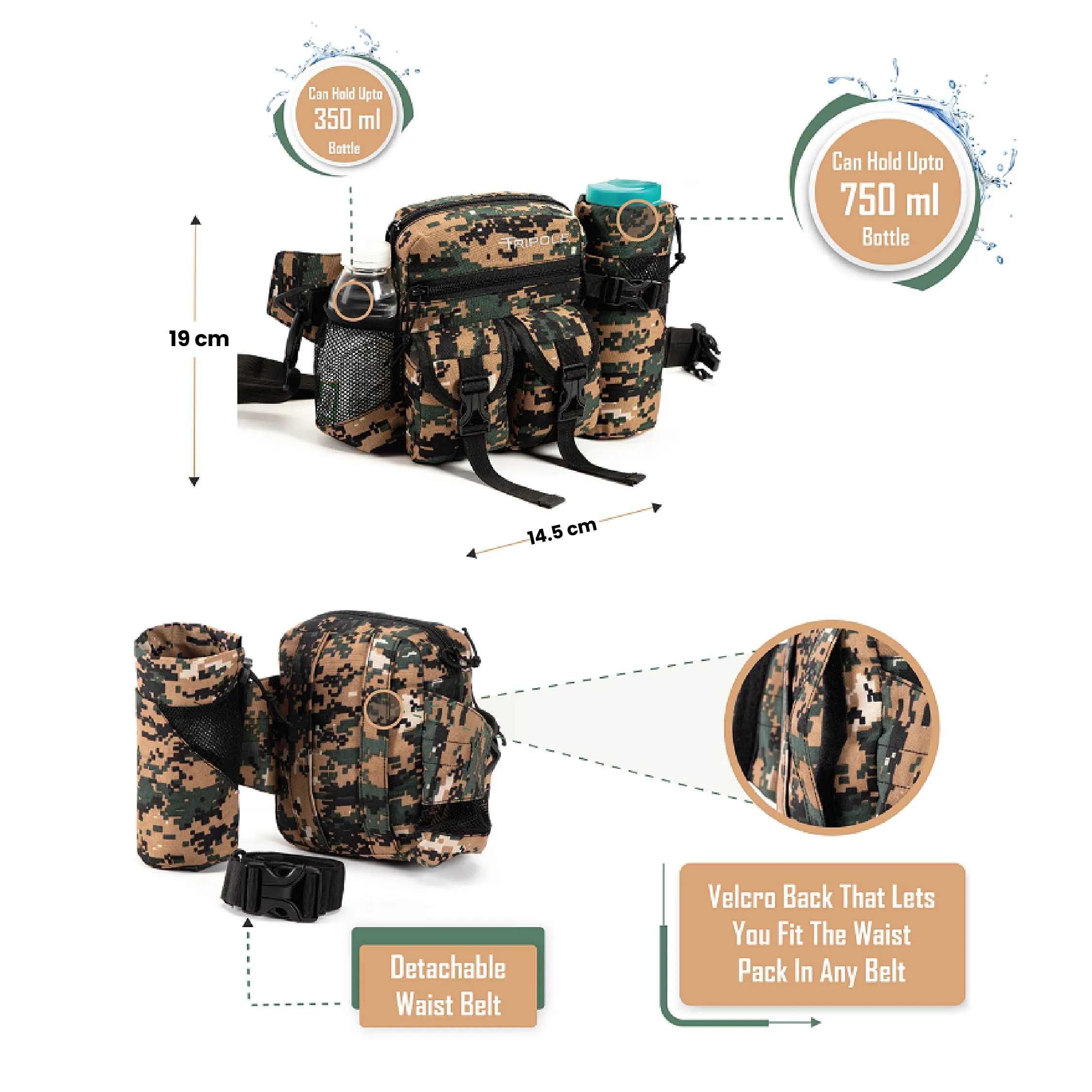 Tripole Waist Pack with Detachable Bottle Holder - Multi-Utility Waist and Sling Bag for Hiking, Cycling, and Backpacking