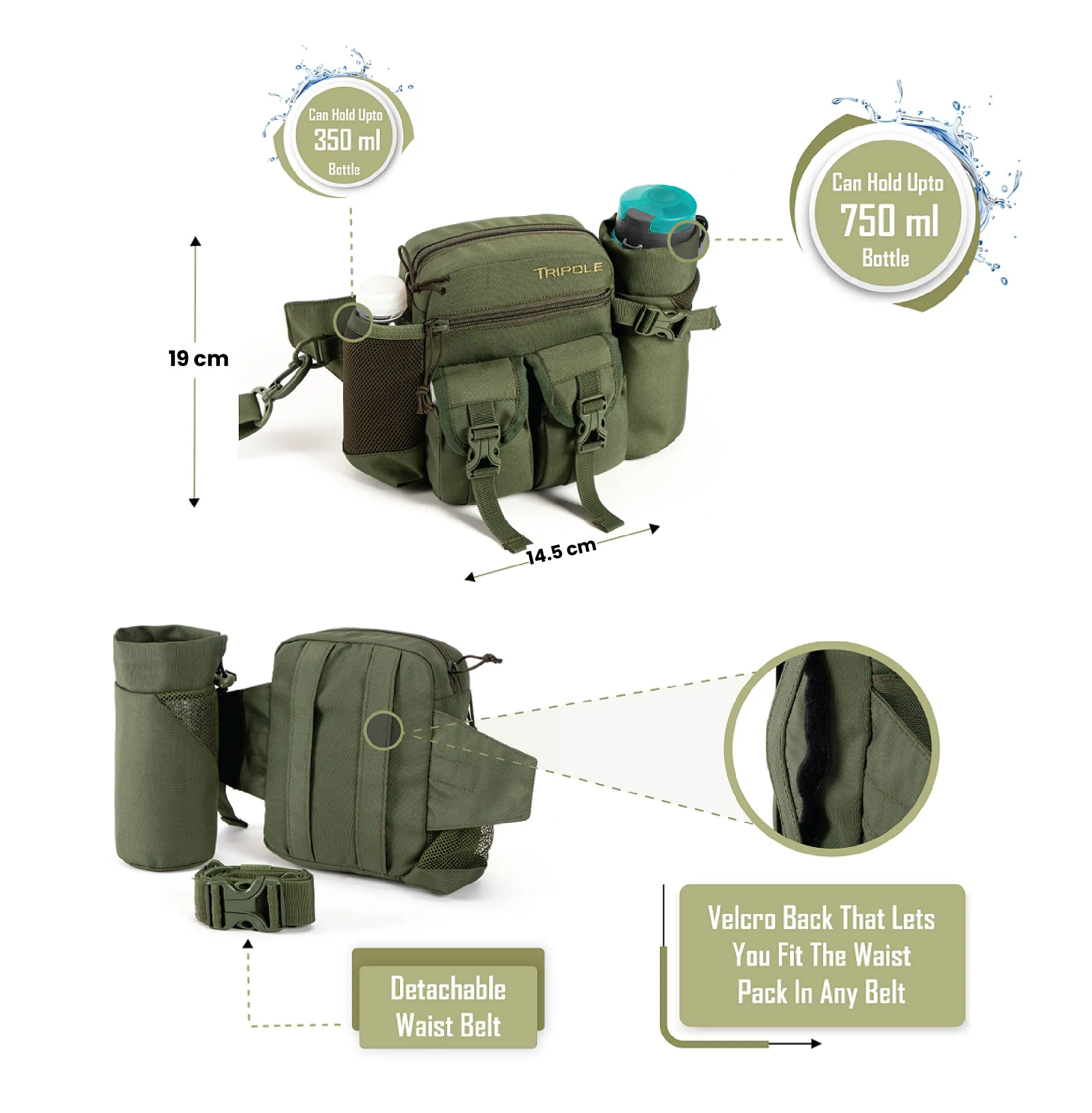 Tripole Waist Pack with Detachable Bottle Holder - Multi-Utility Waist and Sling Bag for Hiking, Cycling, and Backpacking