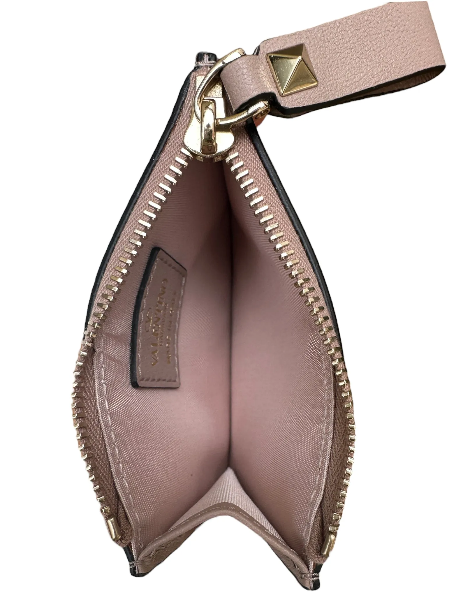 Valentino Beige Rockstud Zip Leather Card Case