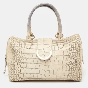 Vanilla/Black Croc Embossed Leather Flap Satchel