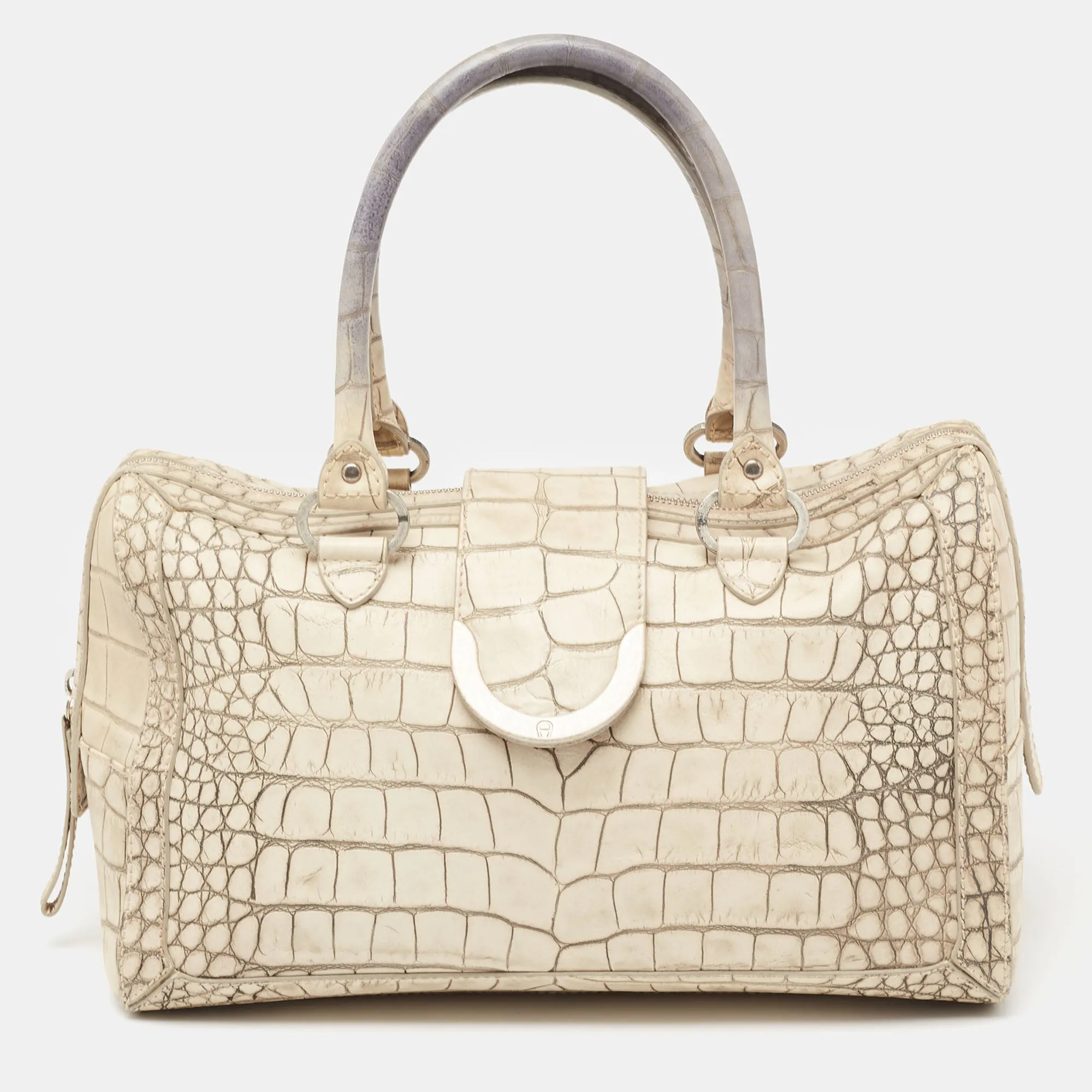 Vanilla/Black Croc Embossed Leather Flap Satchel