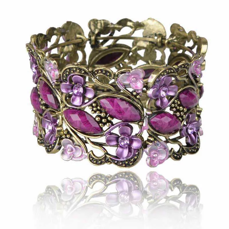 Vintage Bracelet Cuff Women Retro Copper Floral Lucite Resin Enamel Bracelet Rhinestone Crystal Wide Cuff Bracelet Bangle Bijoux