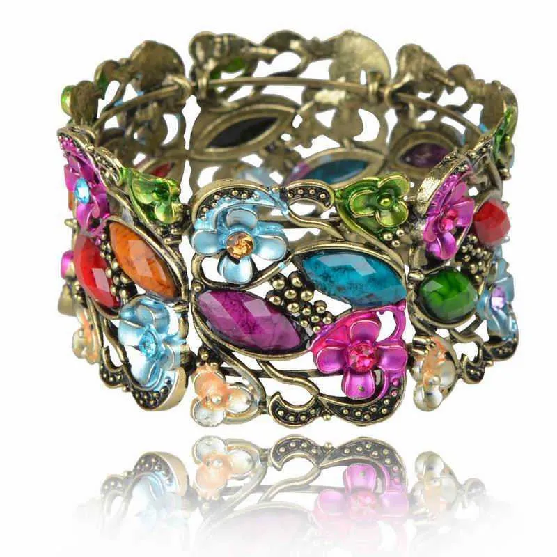 Vintage Bracelet Cuff Women Retro Copper Floral Lucite Resin Enamel Bracelet Rhinestone Crystal Wide Cuff Bracelet Bangle Bijoux