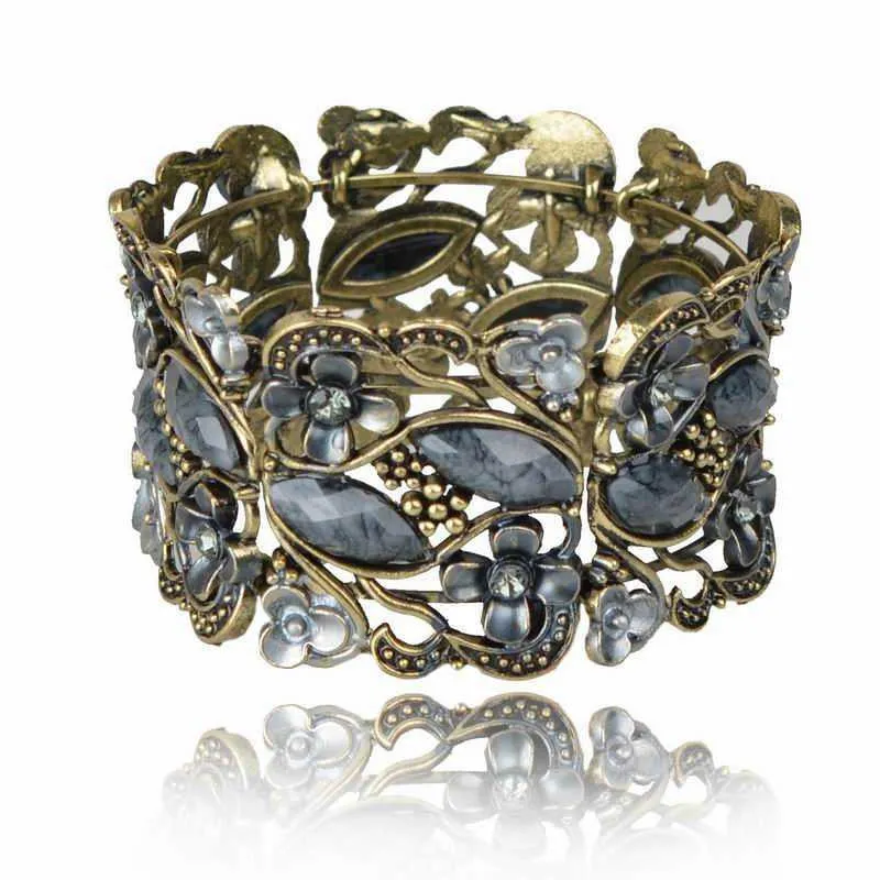 Vintage Bracelet Cuff Women Retro Copper Floral Lucite Resin Enamel Bracelet Rhinestone Crystal Wide Cuff Bracelet Bangle Bijoux