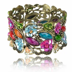 Vintage Bracelet Cuff Women Retro Copper Floral Lucite Resin Enamel Bracelet Rhinestone Crystal Wide Cuff Bracelet Bangle Bijoux