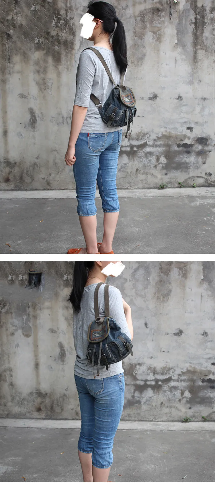 Vintage Denim Blue Womens Backpack Bag School Backpacks Blue Denim Laptop Backpack For Womens