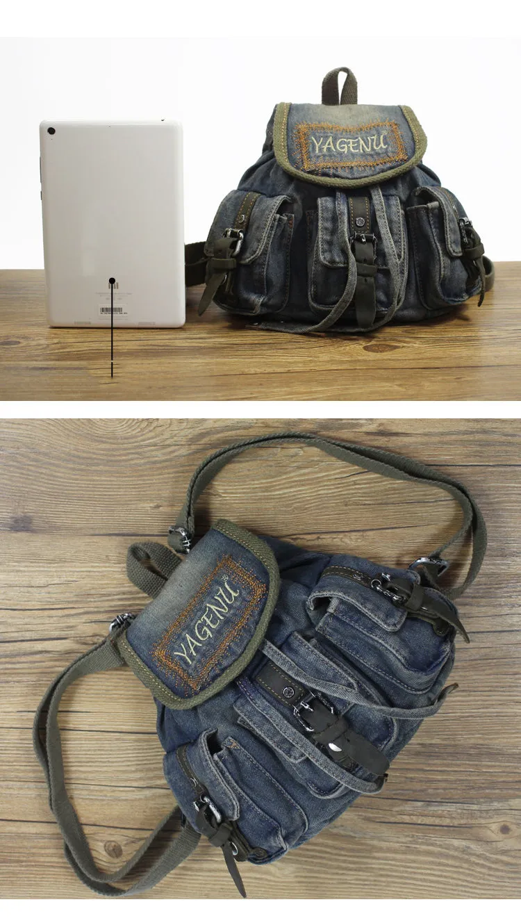 Vintage Denim Blue Womens Backpack Bag School Backpacks Blue Denim Laptop Backpack For Womens