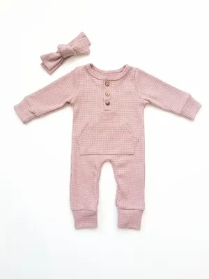 Waffle Knit Pocket Romper Set Newborn Outfit Girl Pink
