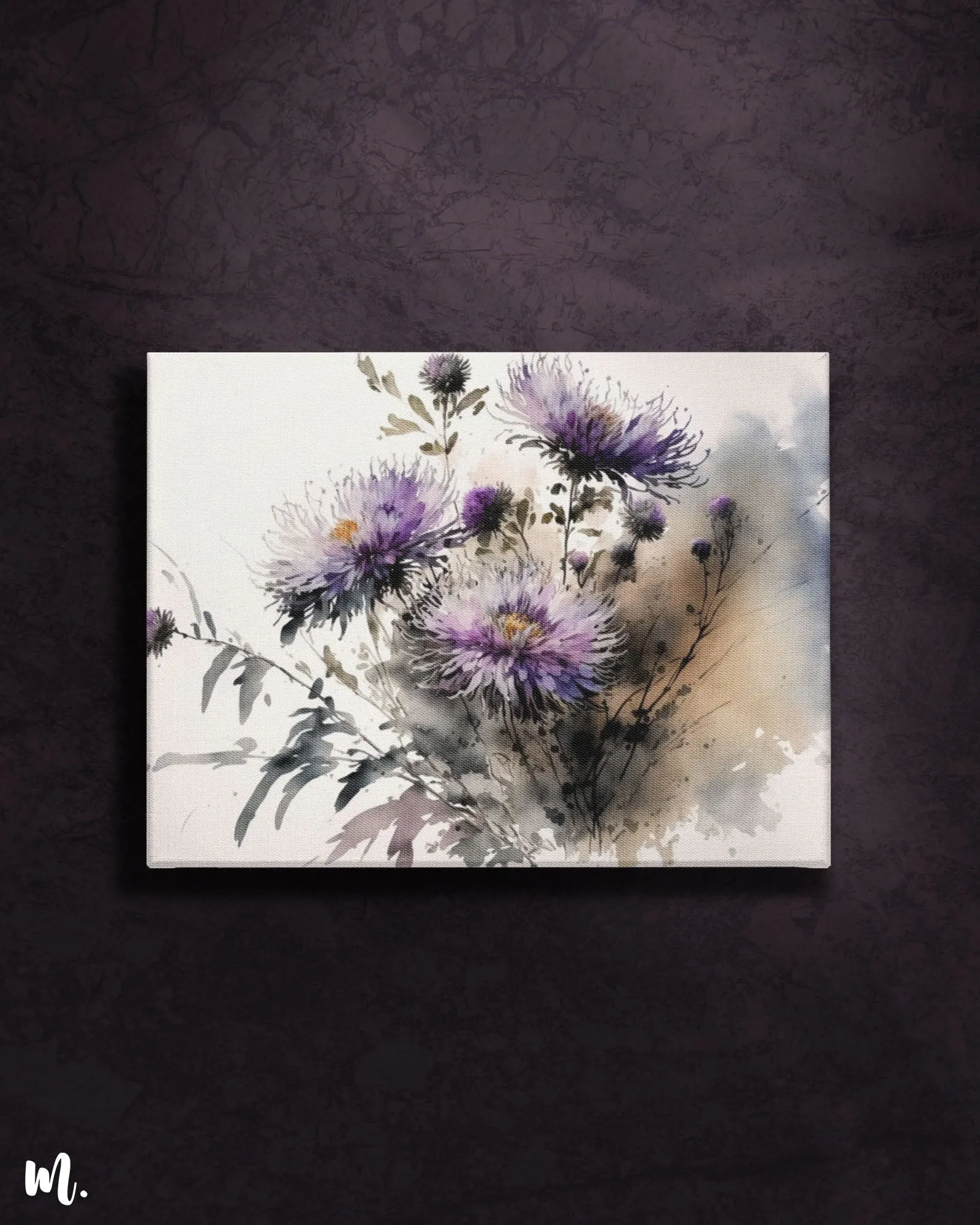 Whispering asters watercolour canvas art