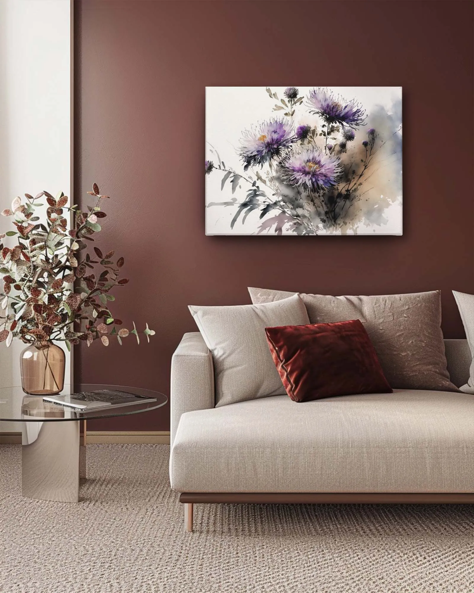 Whispering asters watercolour canvas art