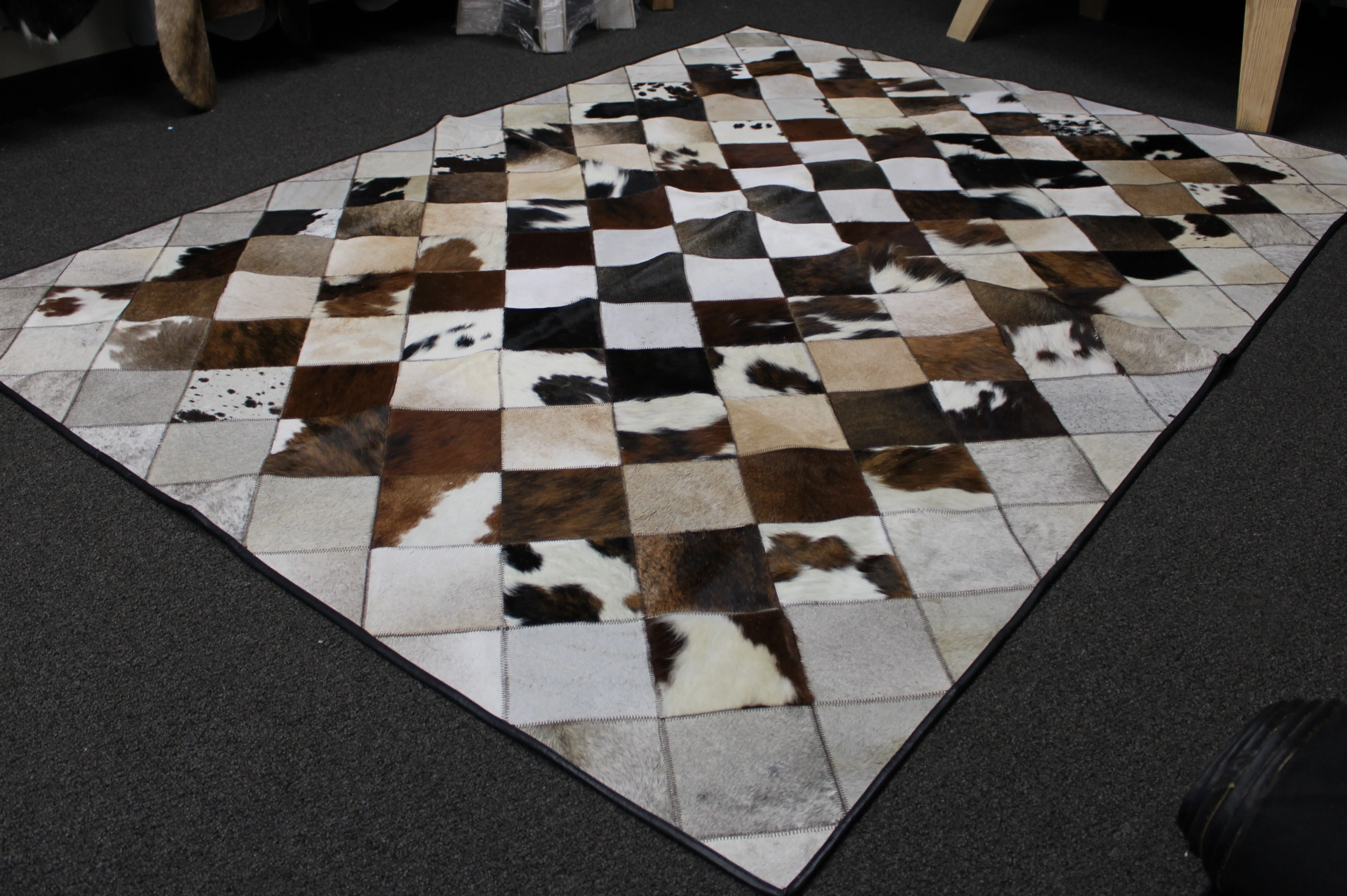 White & tricolor  Patchwork Cowhide Rug – 91 x 66 IN