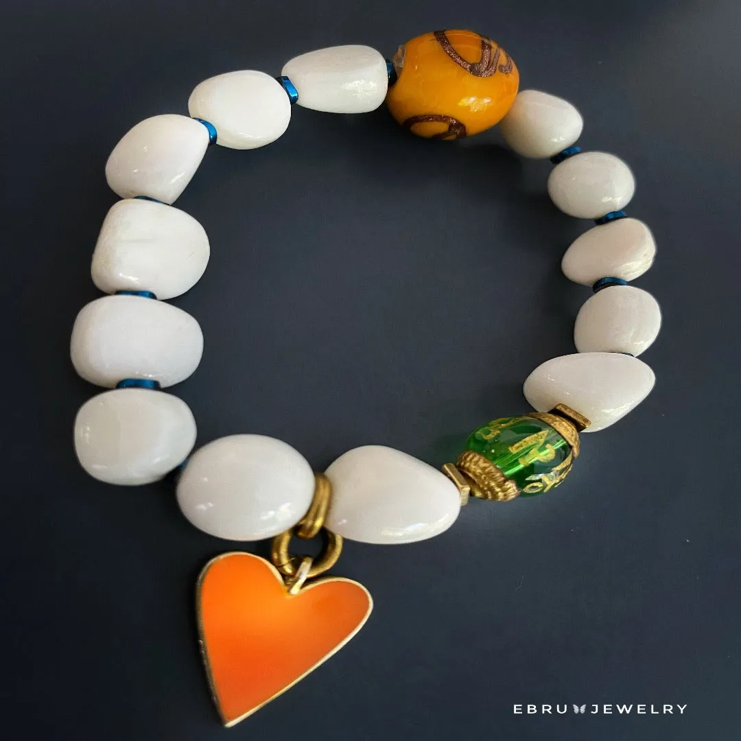 White Beaded Yellow Heart Zen Bracelet Set