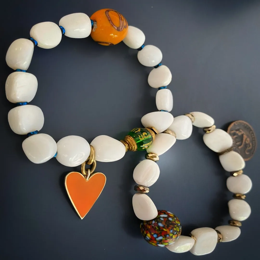 White Beaded Yellow Heart Zen Bracelet Set