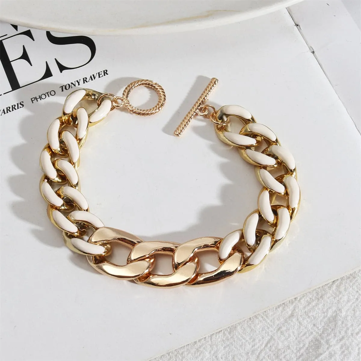White Enamel & 18K Gold-Plated Curb Chain Toggle Bracelet