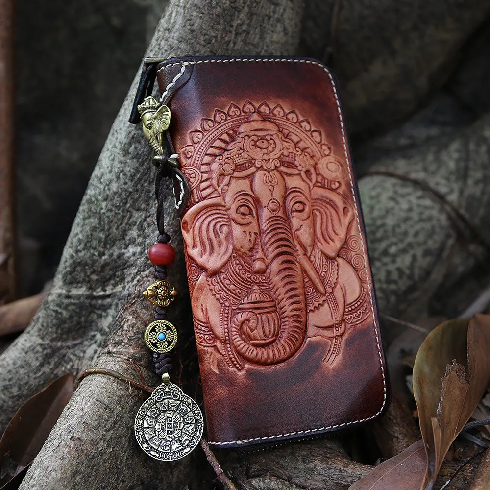 Women Genuine Leather Card Holder Wallets Elephant God Bag Purses Men Clutch Vegetable Tanned Leather Long Wallet Pendant Gift