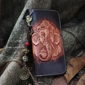 Women Genuine Leather Card Holder Wallets Elephant God Bag Purses Men Clutch Vegetable Tanned Leather Long Wallet Pendant Gift