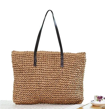 Women Handbag Summer Beach Bag Rattan Woven Handmade Knitted Straw Large Capacity Totes Leather Women Shoulder Bag Bohemia New