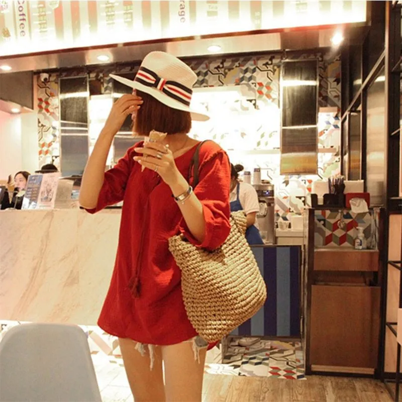 Women Handbag Summer Beach Bag Rattan Woven Handmade Knitted Straw Large Capacity Totes Leather Women Shoulder Bag Bohemia New