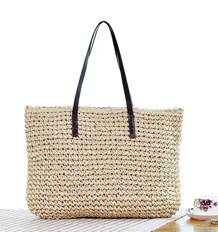 Women Handbag Summer Beach Bag Rattan Woven Handmade Knitted Straw Large Capacity Totes Leather Women Shoulder Bag Bohemia New