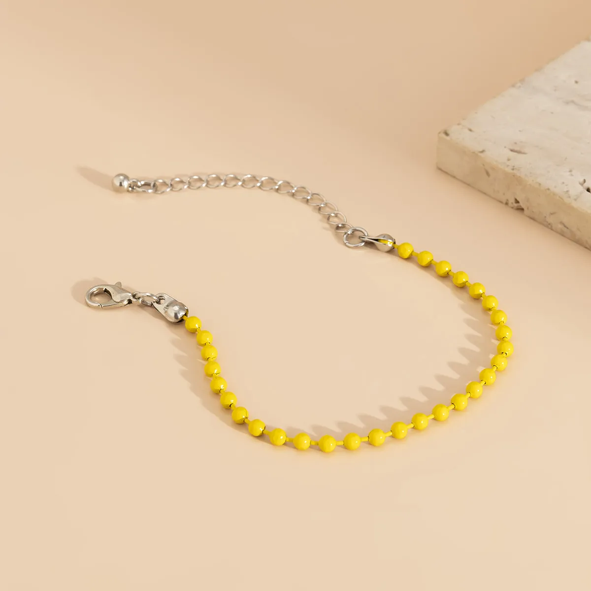 Yellow Enamel & Silver-Plated Beaded Chain Adjustable Bracelet